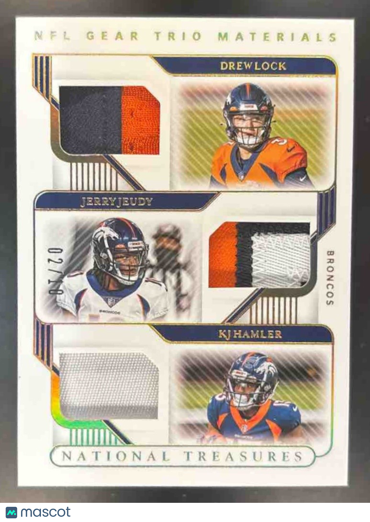 2020 National Treasures Drew Lock Jerry Jeudy KJ Hamler Tri-Patch /10 MEM Bronco