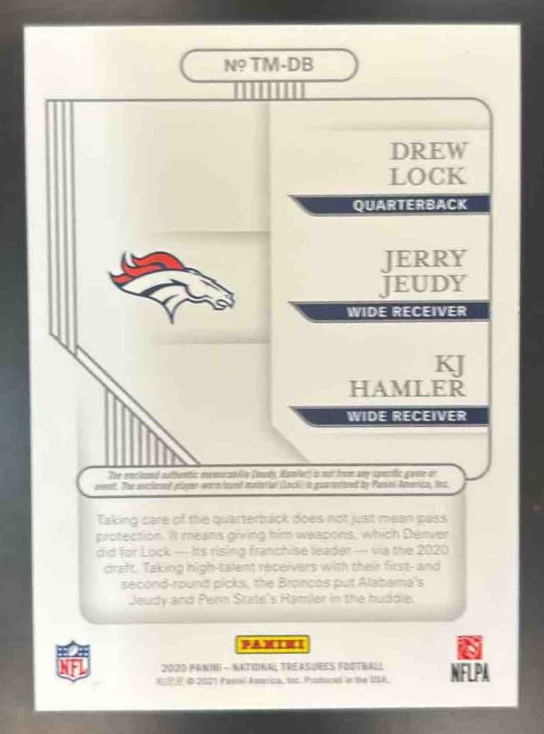 2020 National Treasures Drew Lock Jerry Jeudy KJ Hamler Tri-Patch /10 MEM Bronco