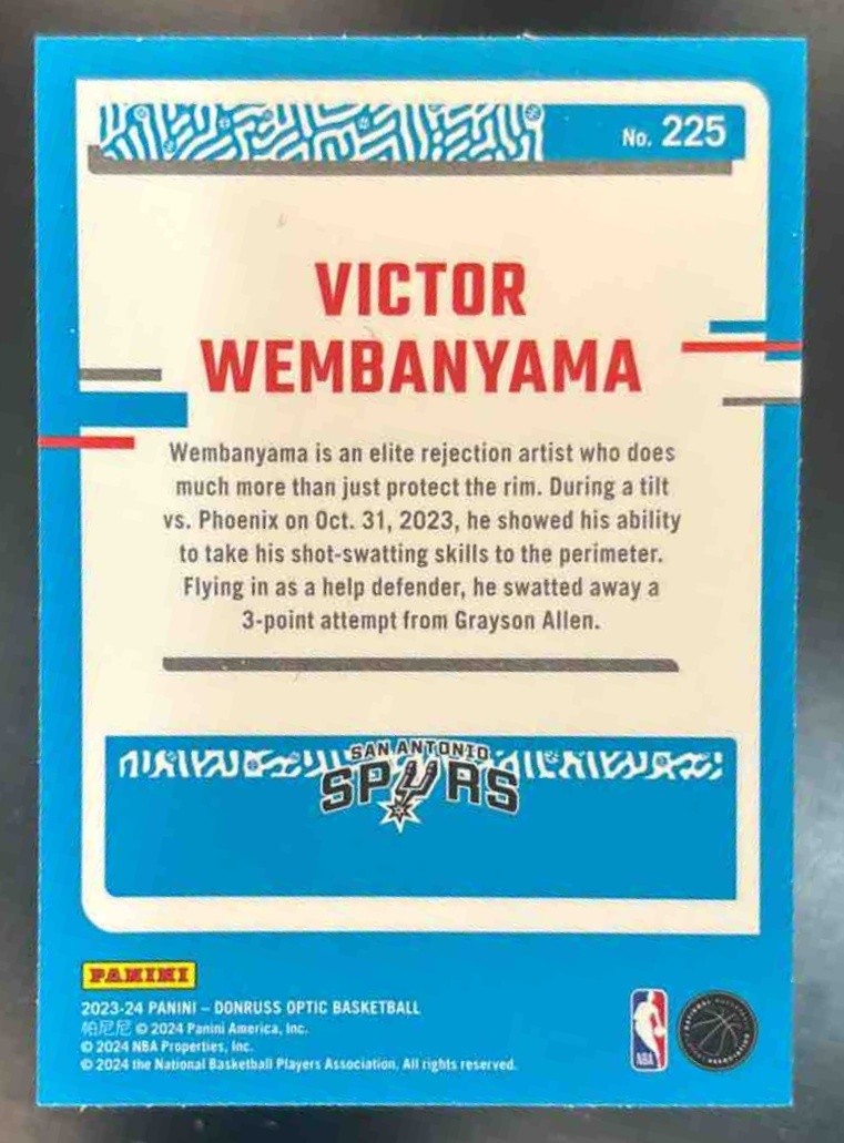 2023-24 Donruss Optic Victor Wembanyama #225 RC San Antonio Spurs