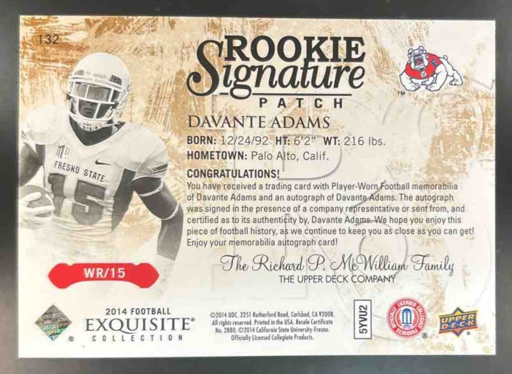 2014 UD Exquisite Collection Davante Adams Patch Auto Bronze /20 RC Bulldogs
