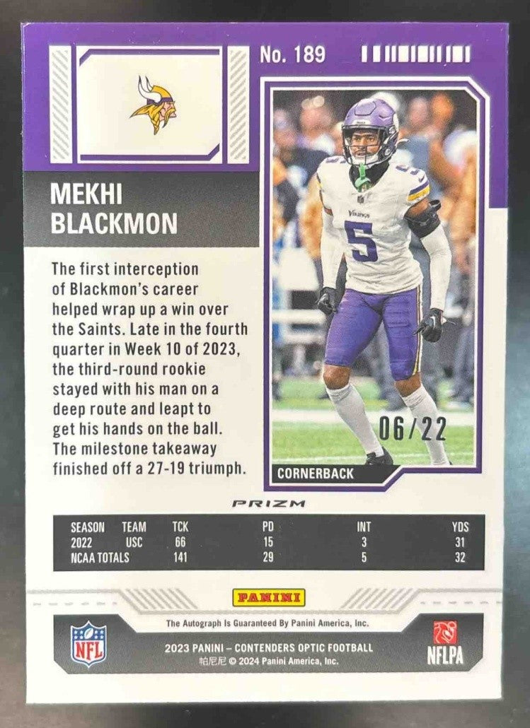 2023 Contenders Optic Mekhi Blackmon Cracked Ice /22 Auto RC Minnesota Vikings