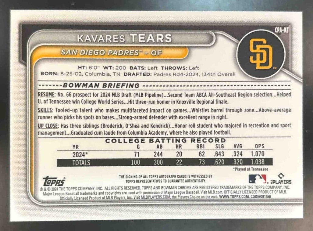 2024 Bowman Draft Kavares Tears Chrome Auto 1st Prospect San Diego Padres