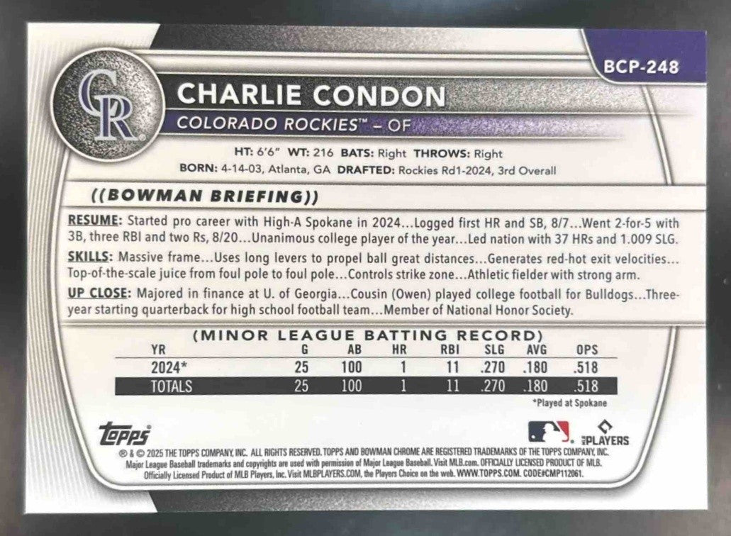2025 Bowman Chrome Charlie Condon Prospects Black Geometric /10 #BCP-248