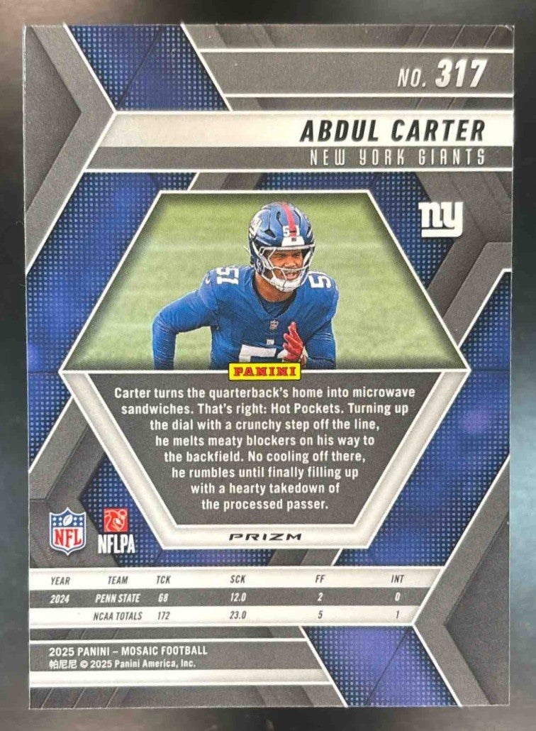 2025 Panini Mosaic Abdul Carter Rookies Honeycomb Prizm #317 RC New York Giants
