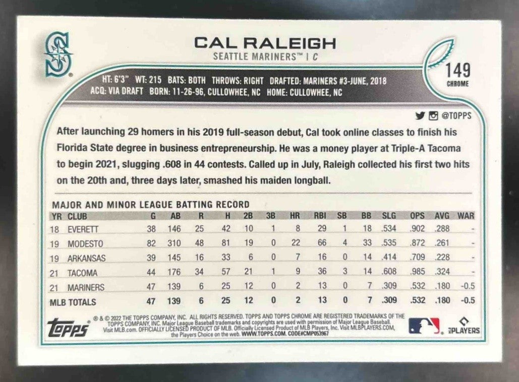 2022 Topps Chrome Cal Raleigh Pink Refractor #149 RC Seattle Mariners