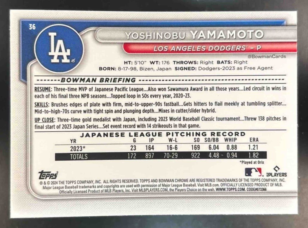 2024 Bowman Mega Box Yoshinobu Yamamoto Mojo Refractor #36 Los Angeles Dodgers