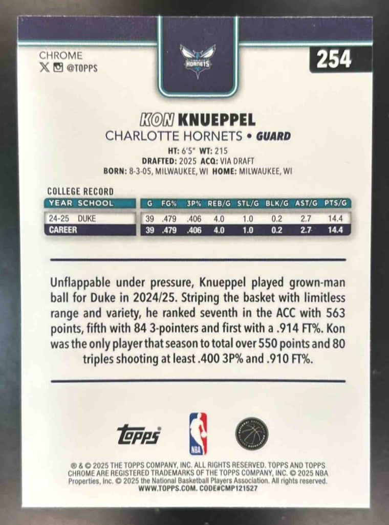 2025-26 Topps Chrome Kon Knueppel #254 RC Charlotte Hornets