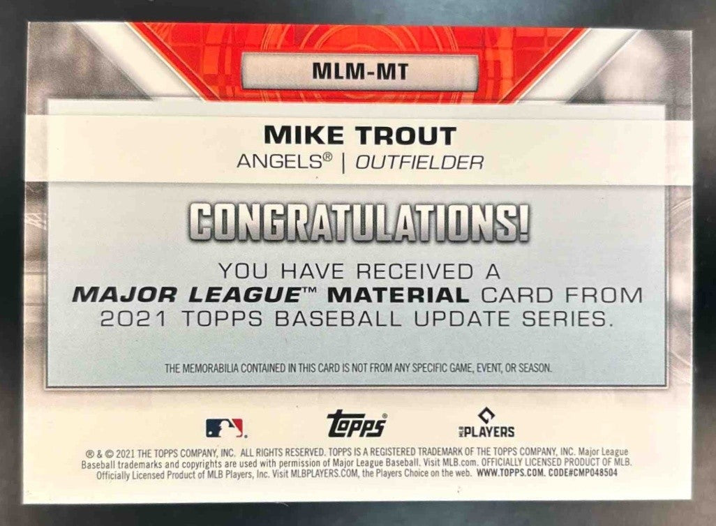 2021 Topps Update Mike Trout Major League Material Relics Gold /50 MEM Angels