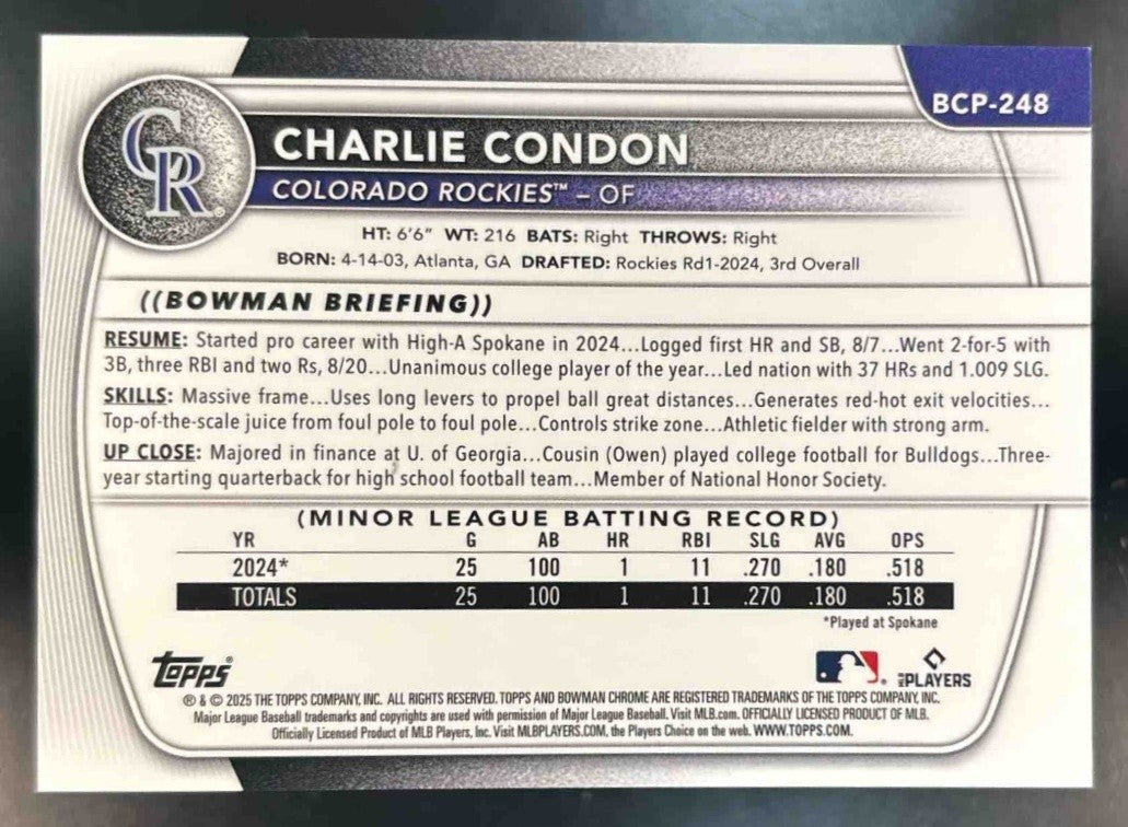 2025 Bowman Chrome Mega Box Charlie Condon Prospects Orange Mojo /25 #BCP-248