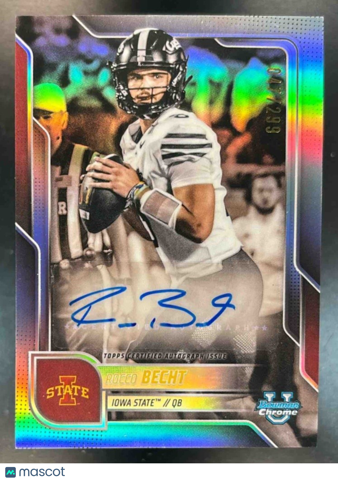 2025 Bowman Chrome University Rocco Becht Prospect Auto Refractor /299 Cyclones