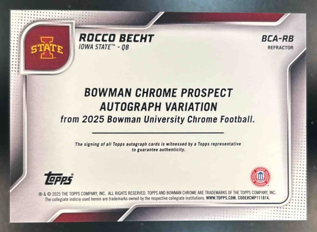 2025 Bowman Chrome University Rocco Becht Prospect Auto Refractor /299 Cyclones