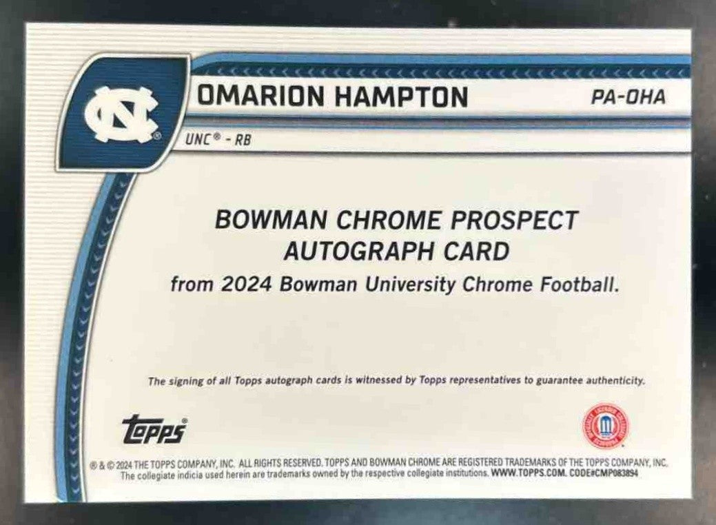 2024 Bowman Chrome University Omarion Hampton Prospect Auto Fuchsia /150