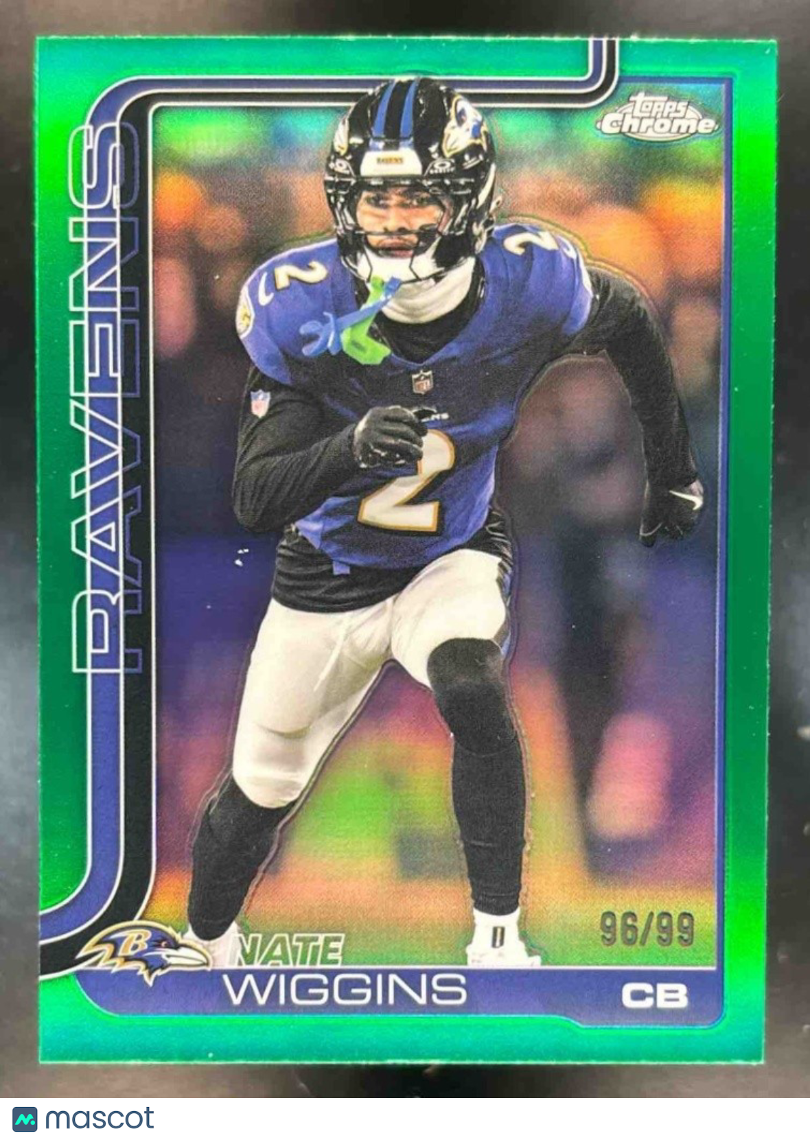 2025 Topps Chrome Nate Wiggins Green Refractor /99 #28 Baltimore Ravens