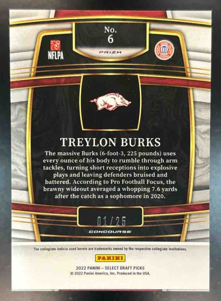 2022 Panini Select Draft Picks Treylon Burks Tye Die 1/25 #6 RC Razorbacks