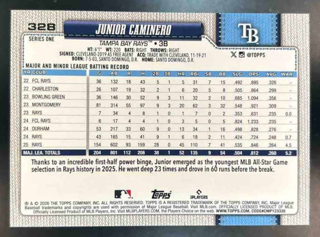 2026 Topps Junior Caminero Team Color Border Variation SP #328 Tampa Bay Rays