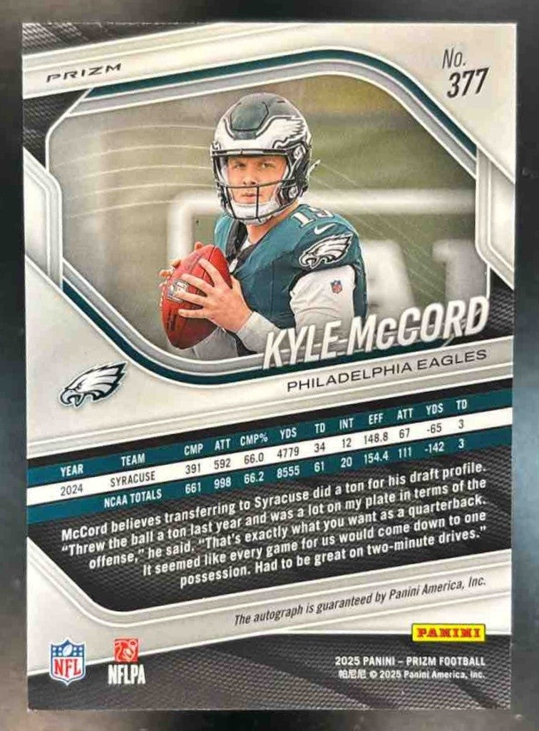 2025 Panini Prizm Kyle McCord Rookie Auto Pink #377 RC Philadelphia Eagles