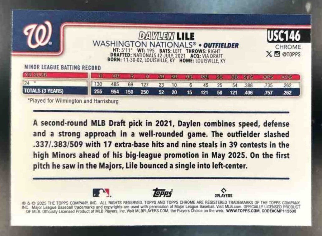2025 Topps Chrome Update Daylen Lile Negative #USC146 RC Washington Nationals