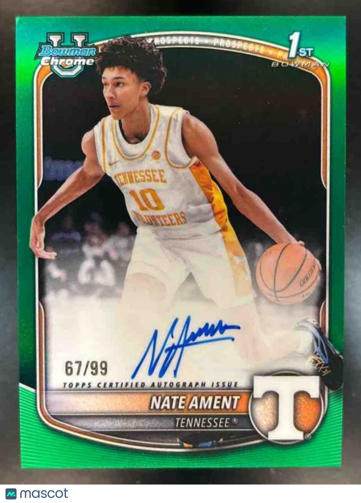 2025-26 Bowman Nate Ament Chrome Auto Green /99 1st Prospect Tennessee Volunteer
