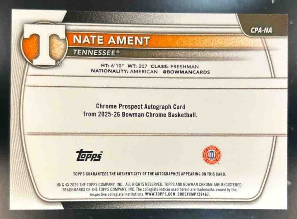 2025-26 Bowman Nate Ament Chrome Auto Green /99 1st Prospect Tennessee Volunteer