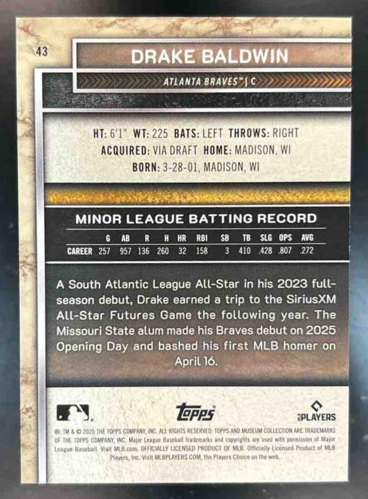 2025 Topps Museum Collection Drake Baldwin Blue Sapphire /150 #43 RC Braves