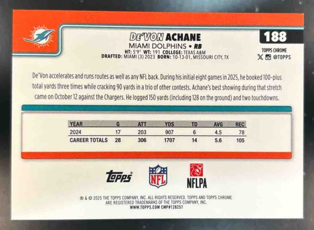 2025 Topps Chrome De'Von Achane Gold Lava Refractor /50 #188 Miami Dolphins