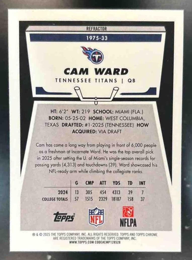 2025 Topps Chrome Cam Ward 1975 Refractor #1975-33 RC Tennessee Titans
