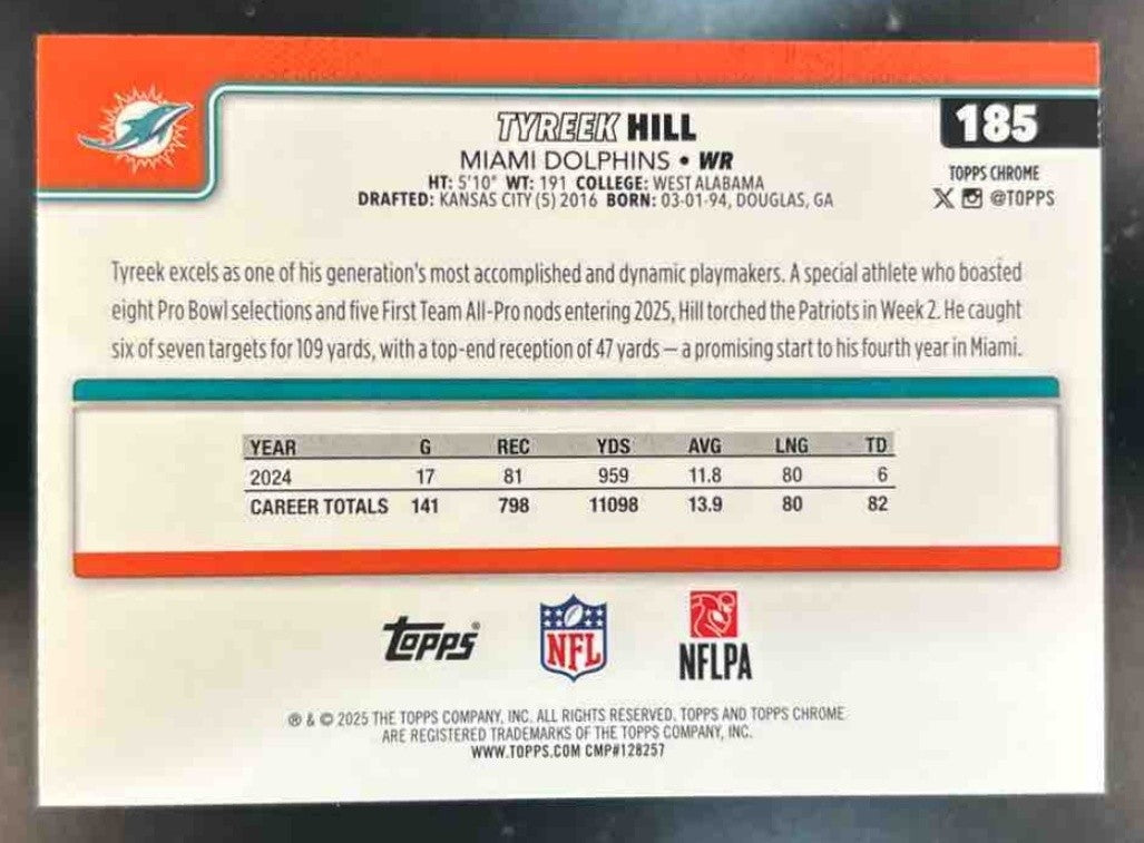 2025 Topps Chrome Tyreek Hill Aqua Refractor /199 #185 Miami Dolphins