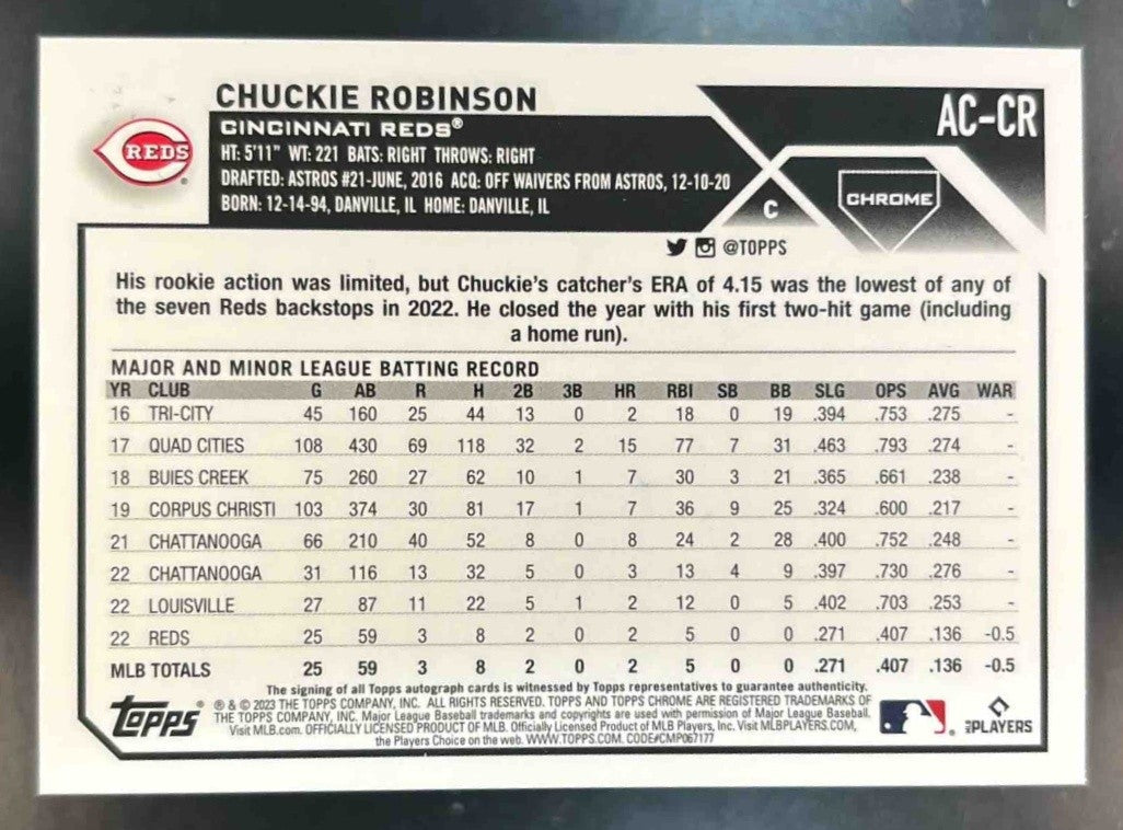 2023 Topps Chrome Update Chuckie Robinson Auto #AC-CR Cincinnati Reds