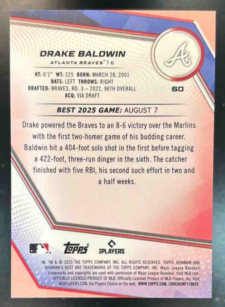 2025 Bowman's Best Drake Baldwin Orange Refractor /25 #60 RC Atlanta Braves