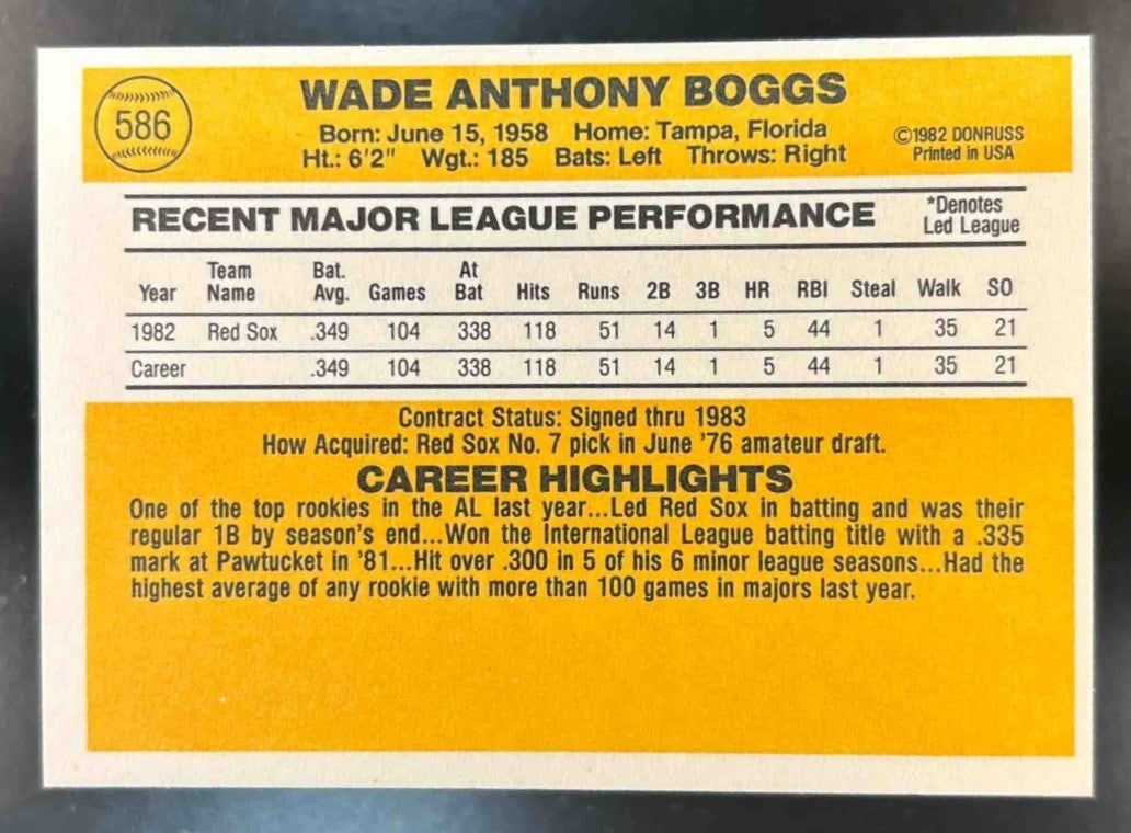 1983 Donruss Wade Boggs #586 RC Boston Red Sox