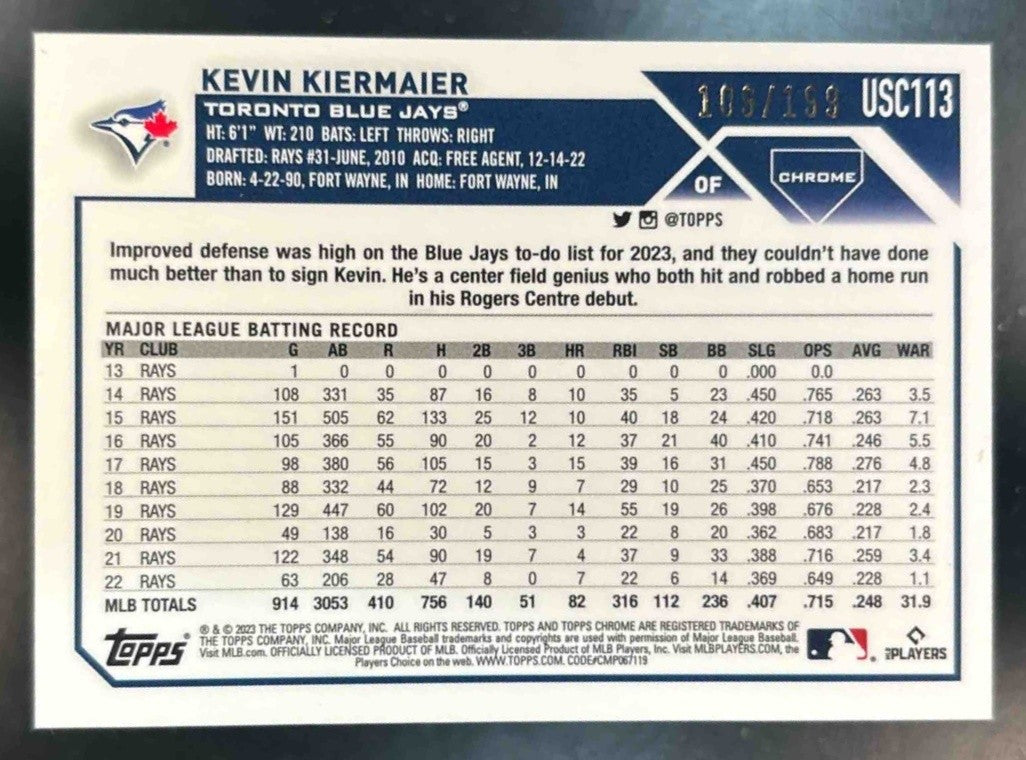 2023 Topps Chrome Update Kevin Kiermaier Aqua /199 #USC113 Toronto Blue Jays