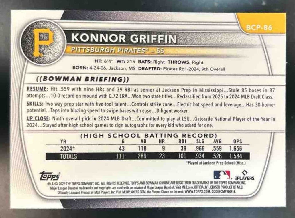 2025 Bowman Konnor Griffin Chrome Prospects Mini Diamond #BCP-86 Pirates