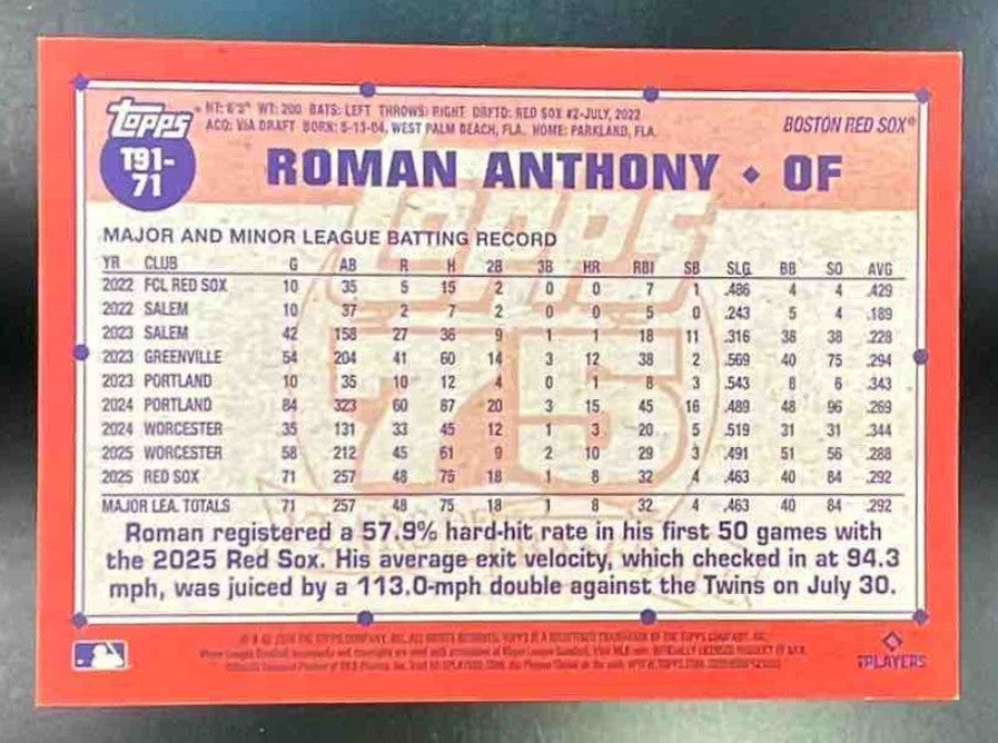 2026 Topps Roman Anthony #T91-71 1991 Koi Fish Gold 26/50 RC Red Sox Rookie
