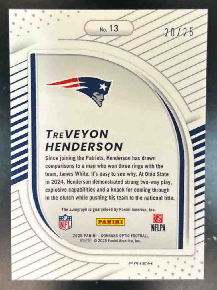 2025 Donruss Optic TreVeyon Henderson Hidden Potential Auto Purple Stars /25 RC