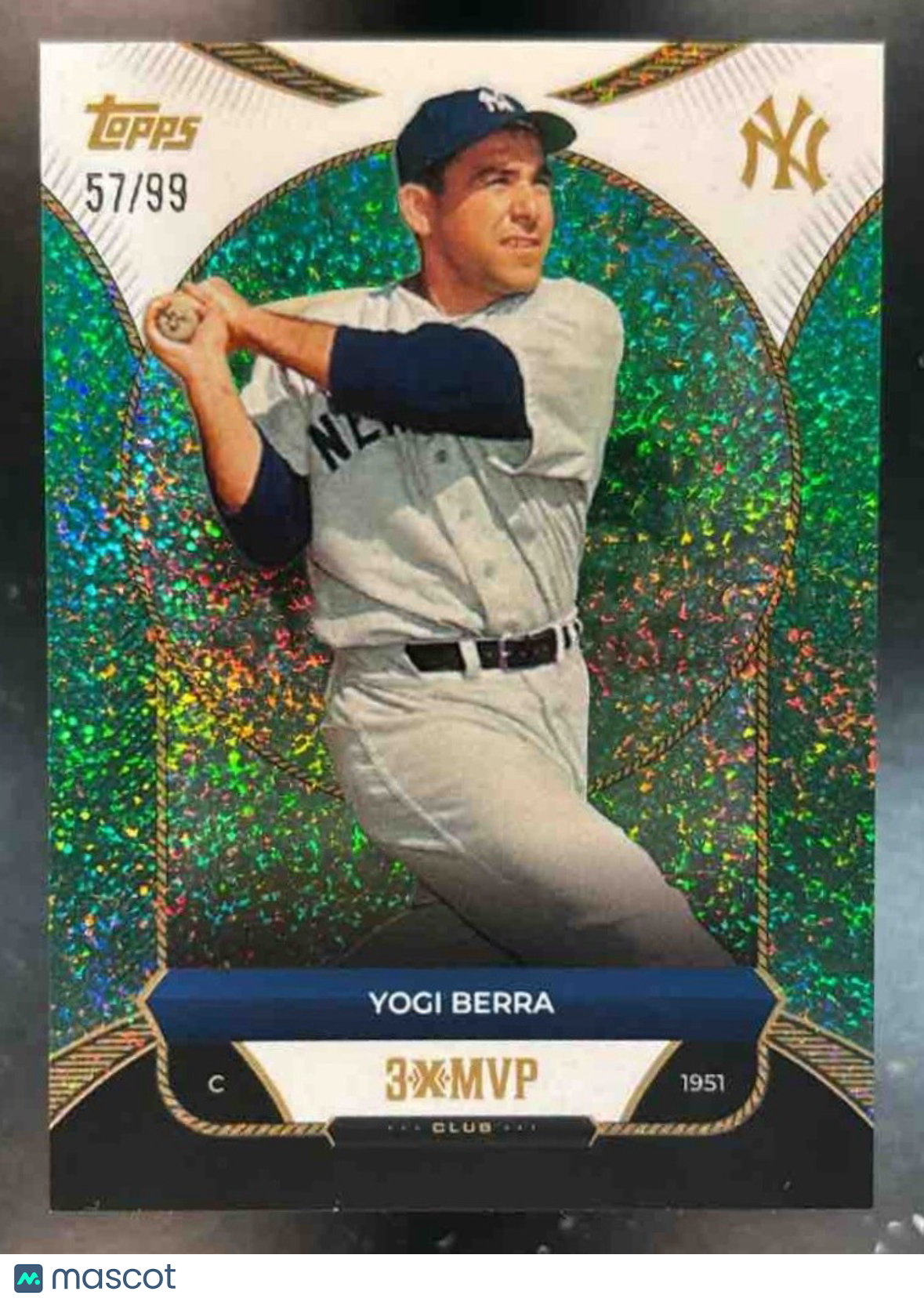 2025 Topps Welcome to the Club: 3-X MVP Yogi Berra 1951 Green Stardust /99