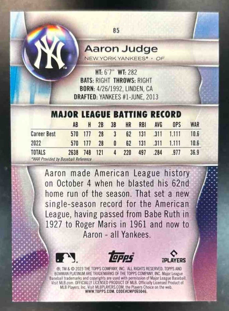 2023 Bowman Platinum Aaron Judge Pink /199 #85 New York Yankees