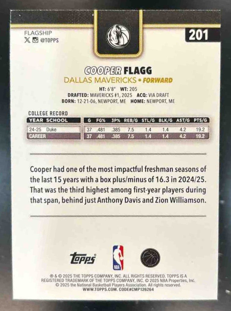 2025-26 Topps Cooper Flagg Blackout Variation #201 RC Mavericks Rookie
