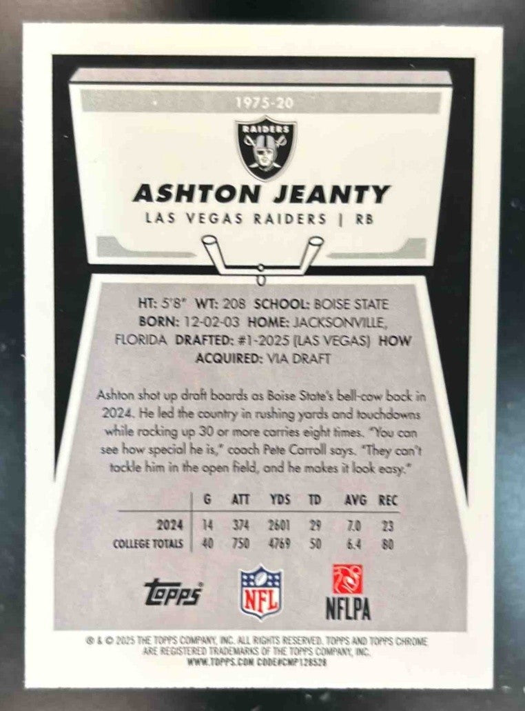 2025 Topps Chrome Ashton Jeanty 1975 Yellow /275 #1975-20 RC Las Vegas Raiders