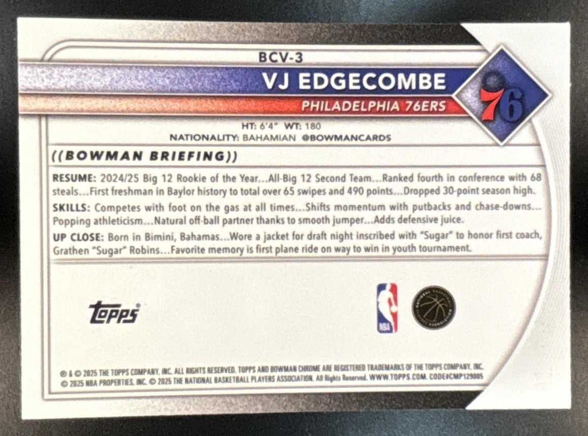 2025-26 Bowman VJ Edgecombe Chrome Lava Refractor /399 #BCV-3 RC 76ers