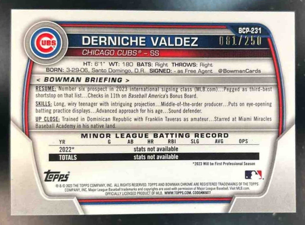 2023 Bowman Chrome Derniche Valdez Purple Shimmer /250 1st Prospect Chicago Cubs