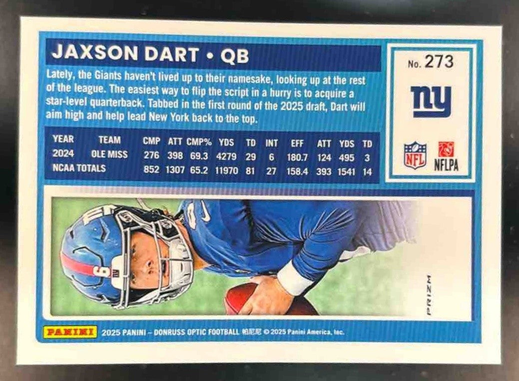 2025 Donruss Optic Jaxson Dart Purple Shock Prizm #273 New York Giants