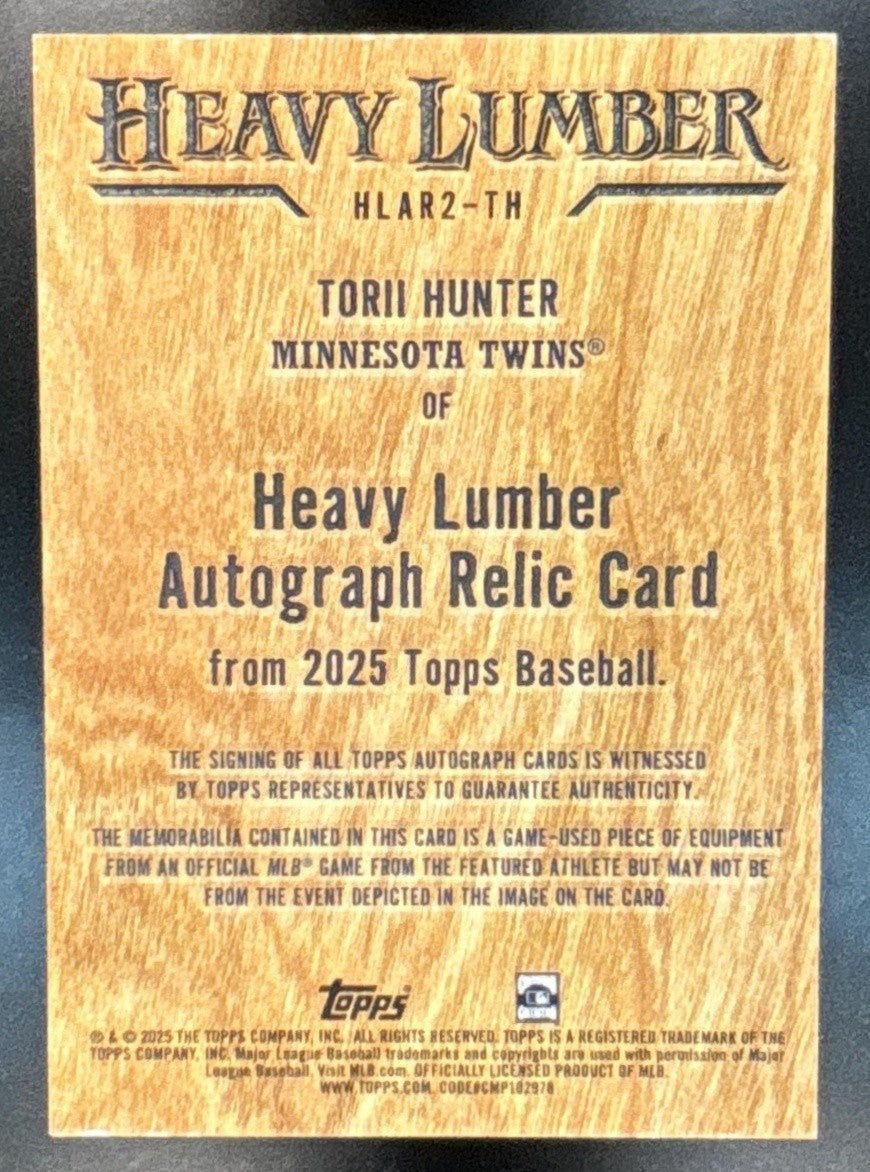 2025 Topps Update Torii Hunter Heavy Lumber Auto Relic MEM Minnesota Twins