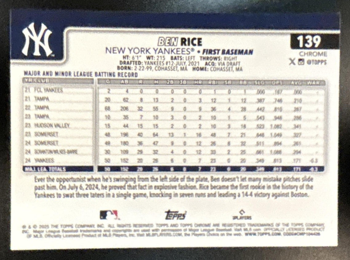 2025 Topps Chrome Ben Rice RayWave Refractor #139 RC ~ New York Yankees
