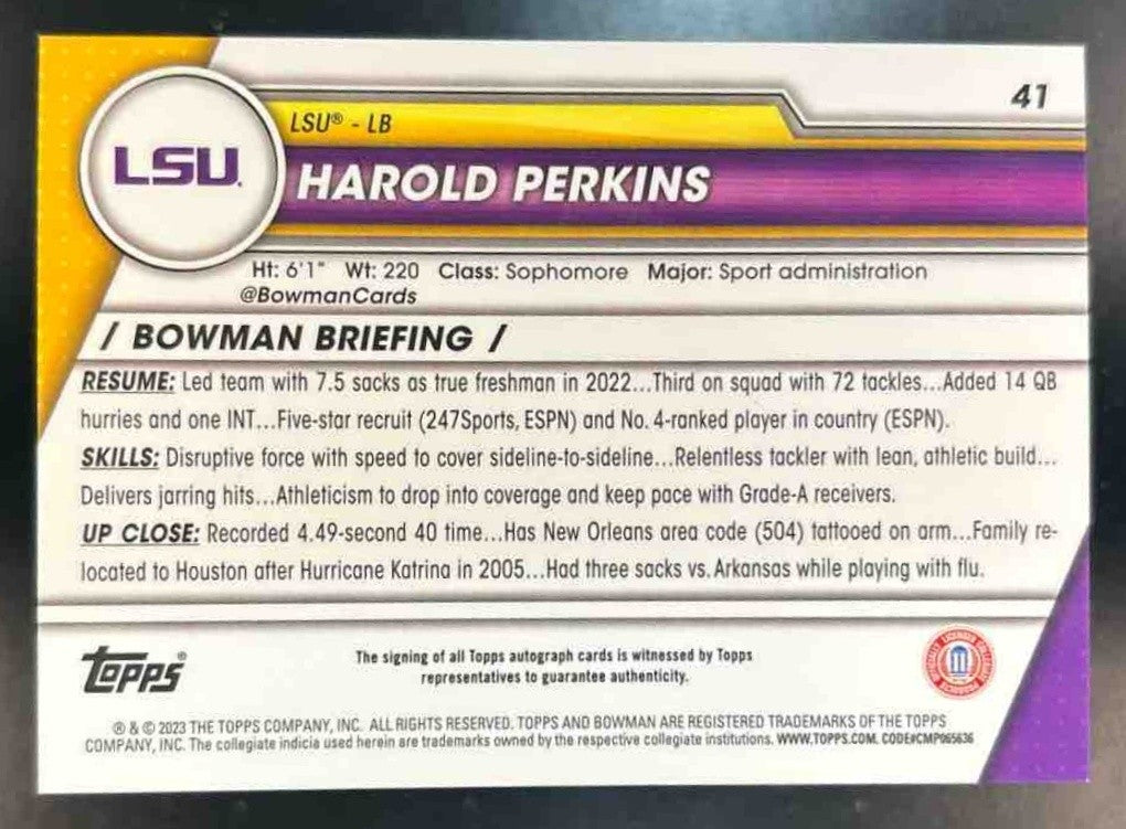 2023 Bowman University Chrome Harold Perkins Prospect Auto #41 LSU Tigers