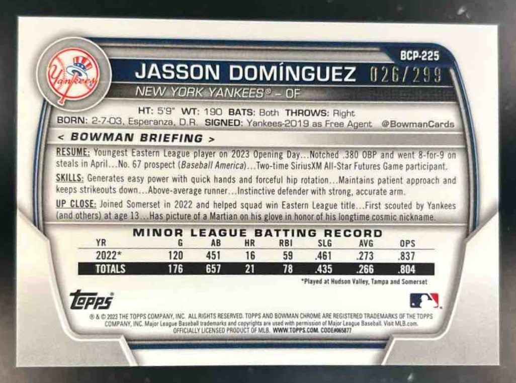 2023 Bowman Chrome Jasson Dominguez Prospects Speckle Refractor /299 Yankees
