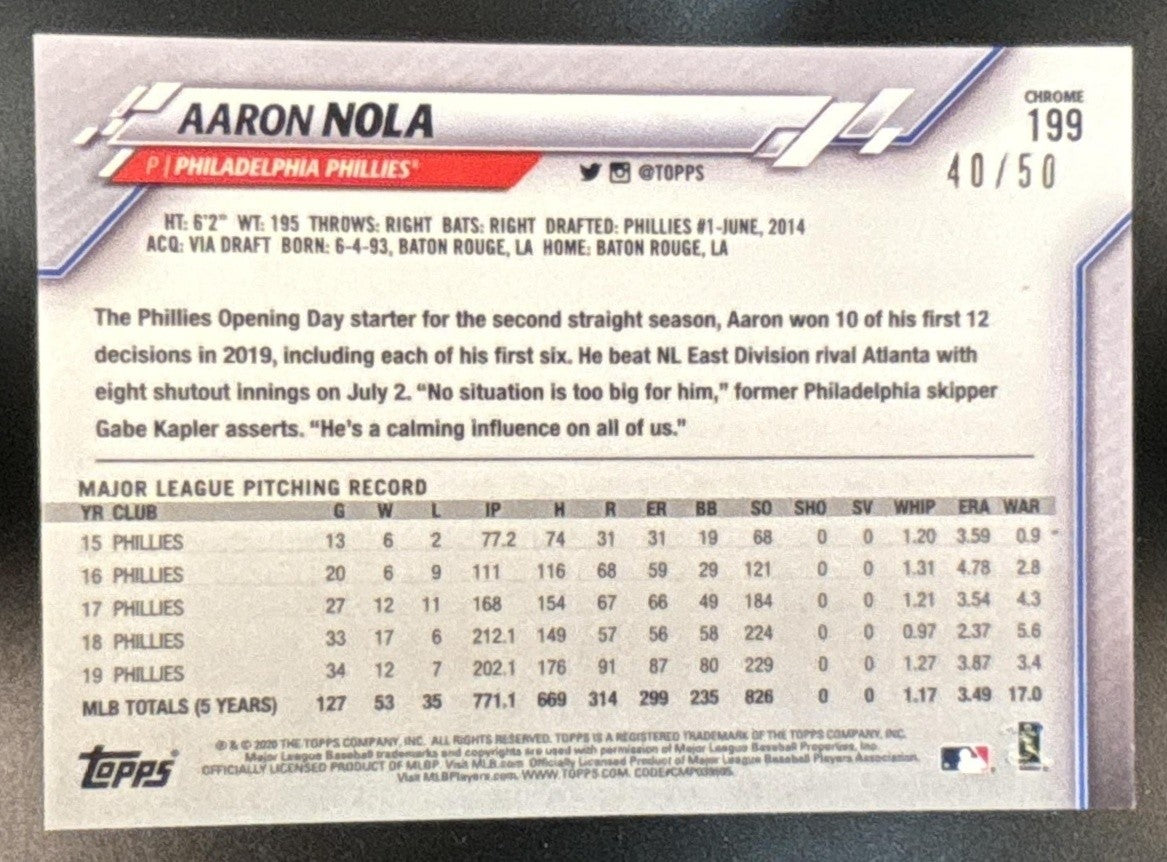 2020 Topps Chrome Aaron Nola Gold Wave Refractor /50 #199 Philadelphia Phillies