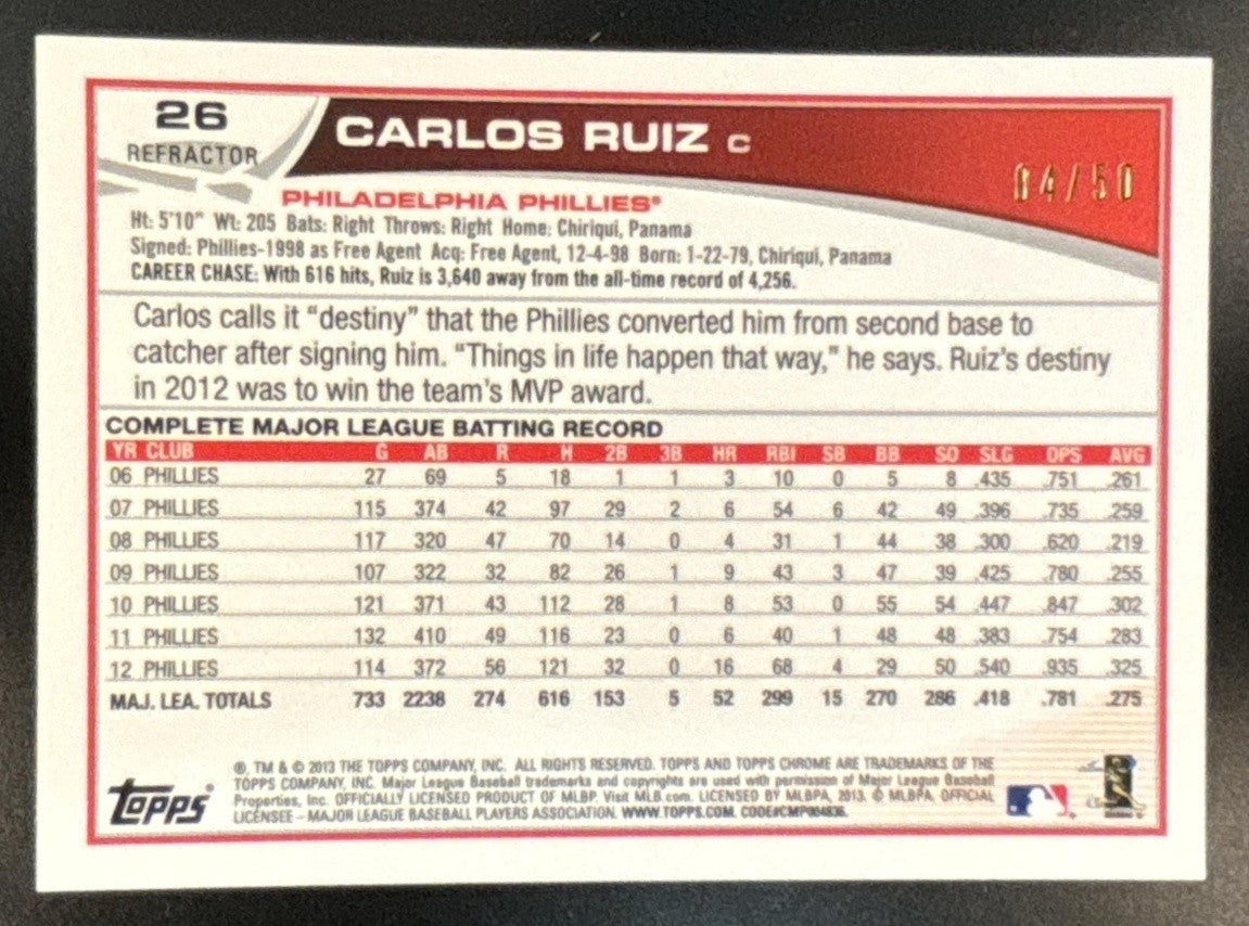 2013 Topps Chrome Carlos Ruiz Gold Refractor /50 #26 Philadelphia Phillies