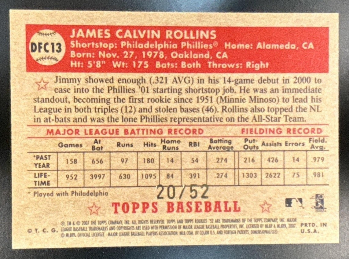 2007 Topps Rookie 1952 Edition Jimmy Rollins Chrome Gold /52 #DFC13 Phillies