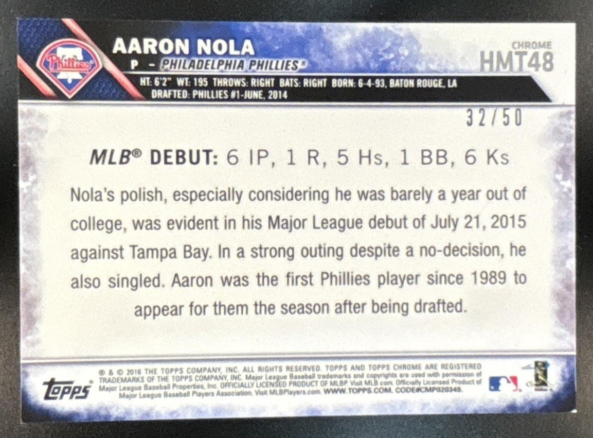 2016 Topps Chrome Update Aaron Nola Gold /50 #HMT48 RC Philadelphia Phillies