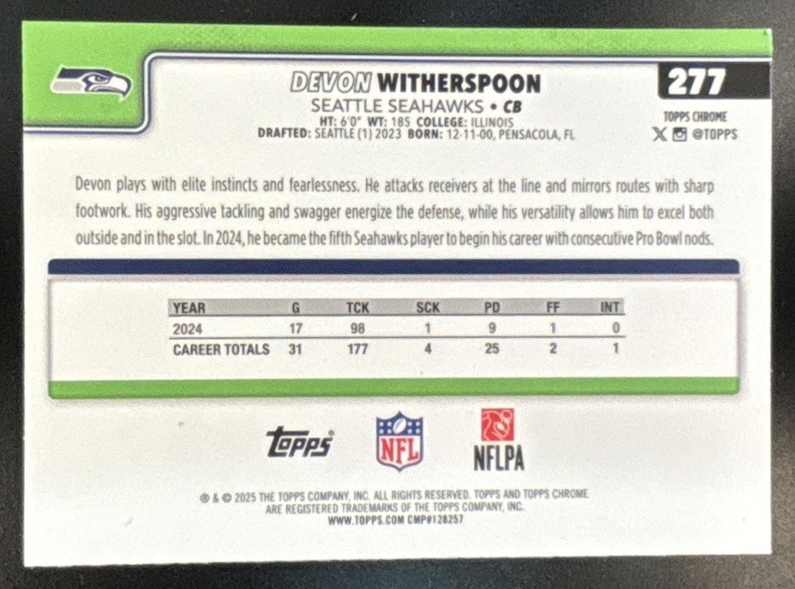 2025 Topps Chrome Devon Witherspoon Football Leather Purple /75 #277 Seahawks